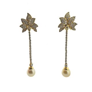 18k Gold South Sea Pearl 4.50ctw Diamond Drop Earrings