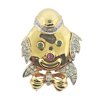 Retro 14k Gold Diamond Emerald Ruby Clown Pendant