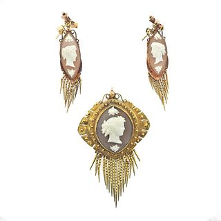 Antique Victorian 14k Gold Cameo Earrings Brooch Set