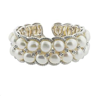 18k Gold Diamond Pearl Cuff Bracelet