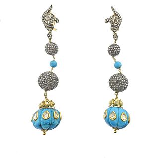 Gold Silver Diamond Turquoise Long Drop Earrings