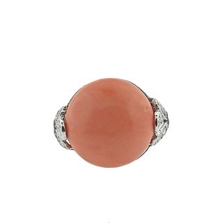 French 18k Gold Coral Diamond Ring