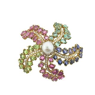 18k Gold Sapphire Emerald Ruby Peridot Pearl Diamond Brooch