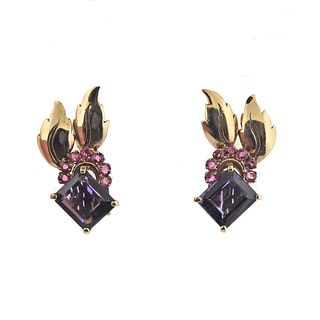 Retro 14k Gold Amethyst Ruby Cocktail Earrings