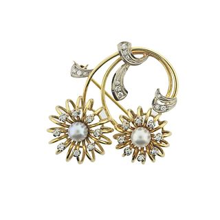 Retro 14k Gold Diamond Pearl Floral Brooch Pin