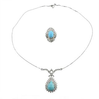 14k Gold Diamond Turquoise Ring Pendant Necklace Set