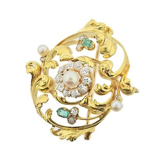 Antique 18k Gold Diamond Pearl Emerald Brooch 