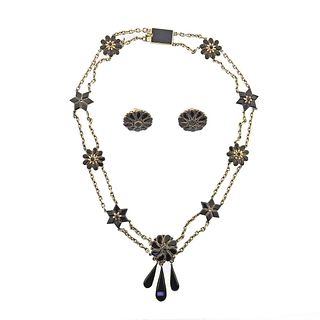 Antique Victorian 14k Gold Onyx Earrings Choker Necklace Set
