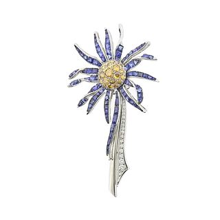 18k Gold Sapphire Diamond Flower Brooch Pin