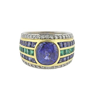 18k Gold Diamond Sapphire Emerald Ring
