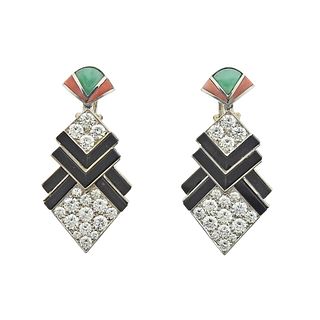 Platinum Gold Diamond Onyx Coral Jade Earrings