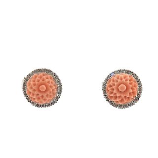 14k Gold Carved Coral Diamond Earrings