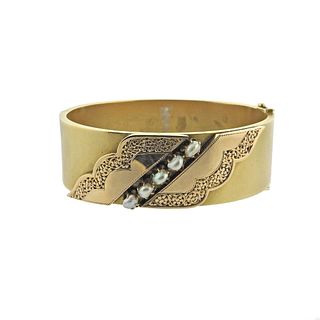 Antique Victorian 14k Gold Pearl Bangle Bracelet