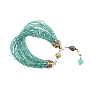 Midcentury 18k Gold Emerald Bead Ruby Pearl Bracelet