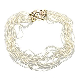 Antique 14k Gold Pearl Diamond Multi Strand Necklace