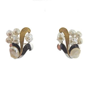 Midcentury 14k Gold Pearl Earrings