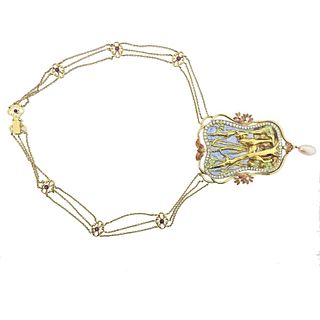 18k Gold Plique a Jour Diamond Ruby Pearl Pendant Necklace