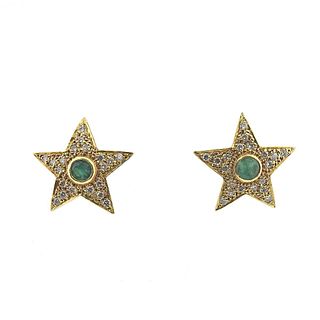 18k Gold Diamond Emerald Star Earrings