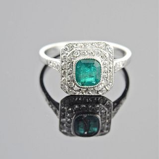 Art Deco Platinum Emerald Diamond Engagement Ring
