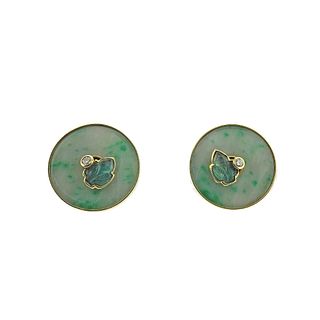 14k Gold Jade Emerald Diamond Earrings