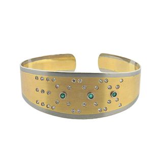 18k Gold Platinum Diamond Emerald Cuff Bracelet