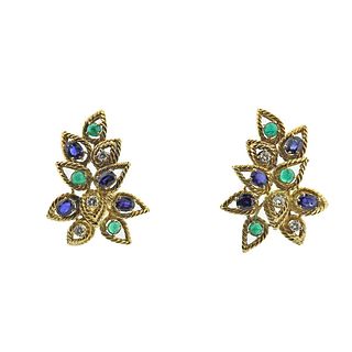 1960s 18k Gold Diamond Emerald Sapphire Earrings