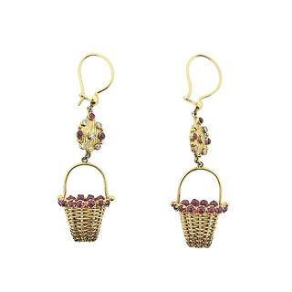 Retro 14k Gold Ruby Diamond Basket Earrings