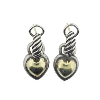 David Yurman 14k Gold Silver Heart Charm Hoop Earrings