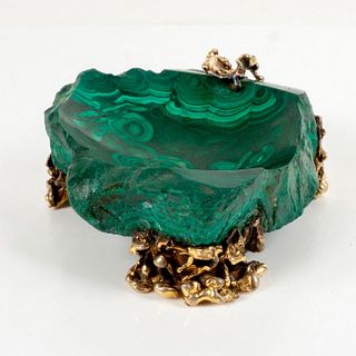 Carved Malachite Pen Holder w Sterling Silver, Gold Nuggets