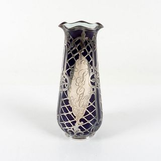 Antique Art Nouveau Sterling Silver Overlay Cobalt Blue Porcelain Vase