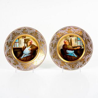 Pair of Antique European Gilded Porcelain Monk Chargers