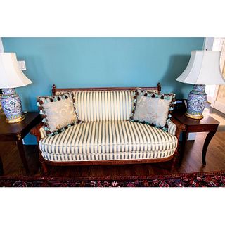 Antique Carved Wood Upholstery Loveseats + 2 Pillows
