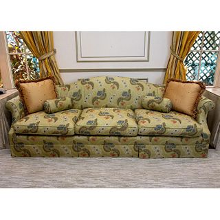 Upholstered Floral Green Sofa + 4 Throw Pillows