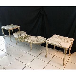 3pc Antique French Set Of Finely Carved Wood Tables with Marble Tops