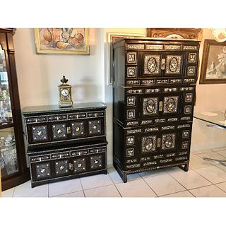 3pc Set of Vintage Korean Mother Of Pearl Inlay Black Laquer Cabinets