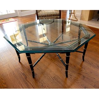 Black English Chinoiseries Coffee Table with Heavy Glass Top