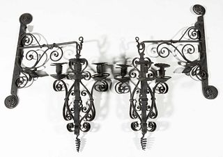 SCHOOL OF SAMUEL YELLIN (1884-1940) ARTS & CRAFTS WROUGHT-IRON PAIR OF WALL SCONCES,