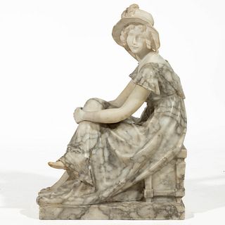 CONTINENTAL CARVED MARBLE FIGURE OF A SEATED WOMAN,