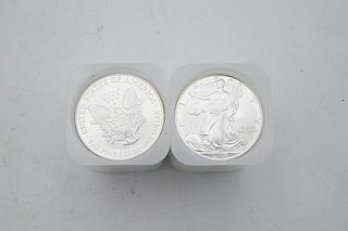 Two Rolls of 20-2004 1oz Silver American Eagle Dollar Coins BU