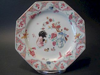 ANTIQUE CHINESE Famille Rose Plate with Chicken and flowers, 18th C. 9 1/4" diameter 中国古代粉花和锦鸡大盘，18世纪,直径9.25英寸