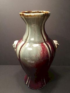 ANTIQUE Large Chinese RED Glaze Vase with lion heads on shoulder, Yongzheng marked. 16" high 中国古代狮头双肩红釉大花瓶里，雍正款。