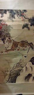 An Important Large Chinese Water Color painting Scroll with tiger, marked by Artist Liu Song Ling 中国著名水彩虎画卷轴，刘松龄款