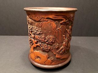 ANTIQUE Chinese bamboo Bitong with Immortals, marked 中国古代仙人纹饰竹笔筒，有款