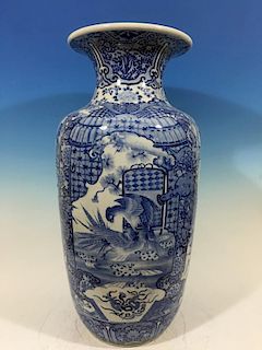 ANTIQUE Japanese Huge Blue and White Vase with birds, Meiji period. 30" H x 14" wide 日本仿古鸟纹蓝白釉大花瓶，鸟类，明治时期.高3