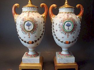 ANTIQUE Chinese Pair Famille Rose Urns as lamps. 18th Century. 中国古代粉彩灯缸一对.18世纪.