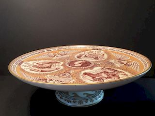 ANTIQUE high footed Plate with religious decorations, 19th Century. 16 1/2" diameter, 5 1/2" H. Ca 1863 仿古有宗教装饰的高足盘，19世纪.