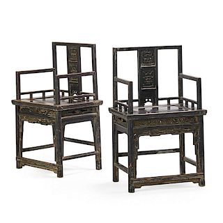 PAIR OF CHINESE BROWN LACQUER ARM CHAIRS