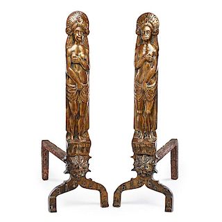 PAIR OF FIGURAL BRONZE AND IRON ANDIRONS