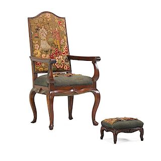 CONTINENTAL ROCOCO ARMCHAIR AND FOOTSTOOL