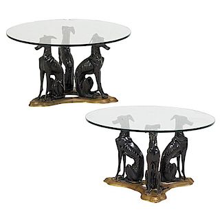 PAIR OF GILT AND PATINATED METAL WHIPPET TABLES
